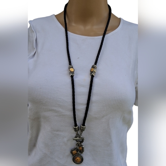 BRIGHTON VINTAGE BRAIDED LEATHER CORD WITH SILVER & COPPERTONE CHARMS NECKLACE - Picture 1 of 7